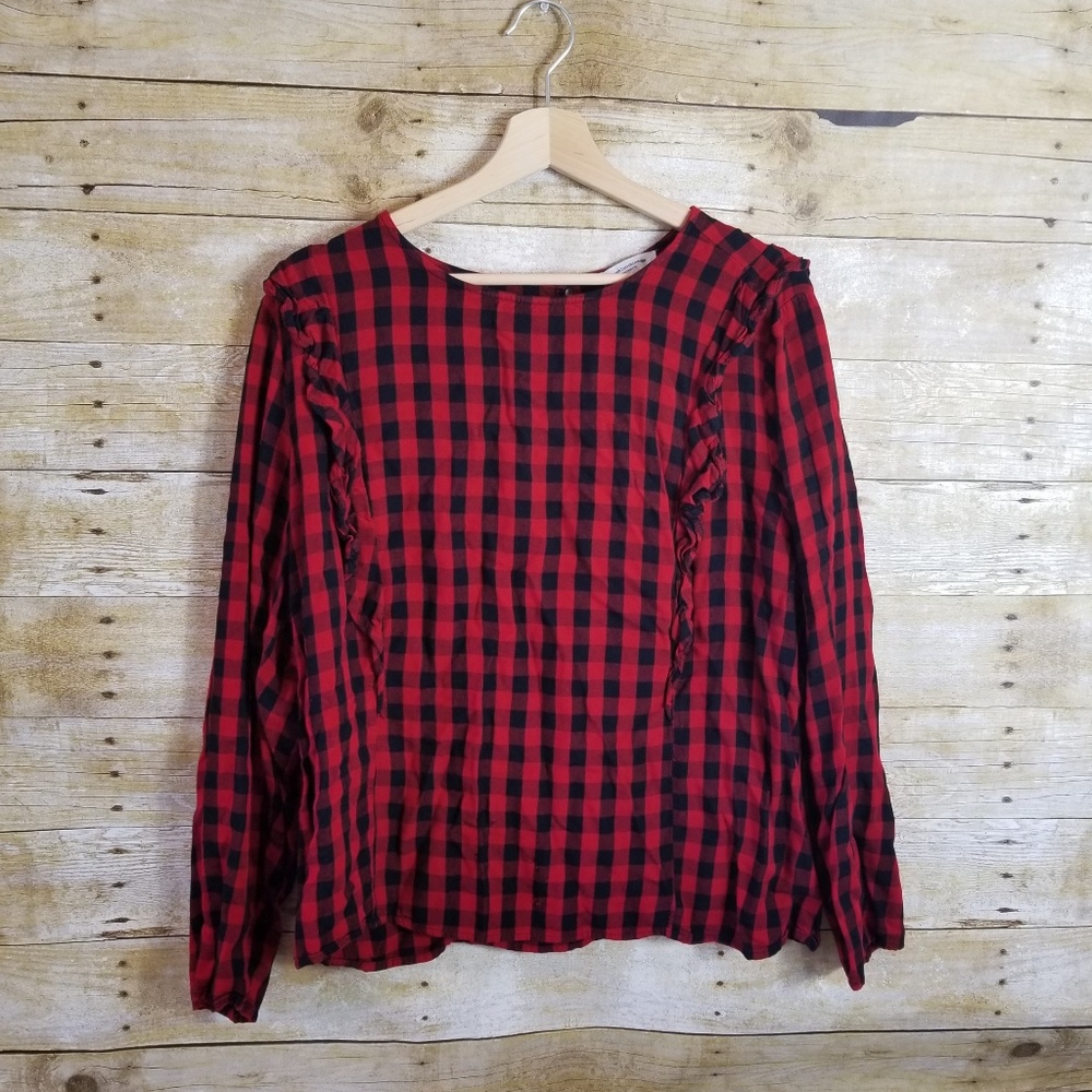 BEACH LUNCH LOUNGE Buffalo Plaid Ruffle Blouse XL